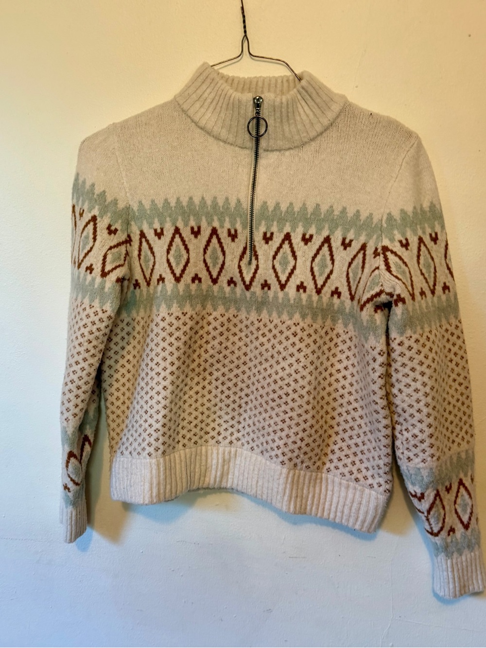 Cream Fair Isle Half-Zip Turtleneck Sweater